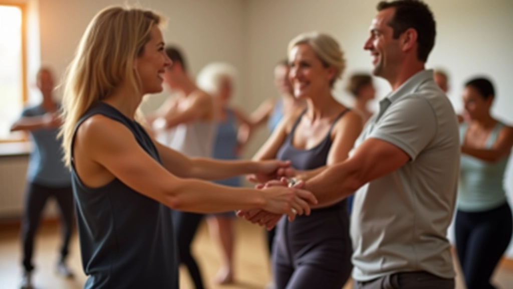 Group of beginner dancers in a trial class, smiling and relaxed while learning basic steps with encouraging instructor