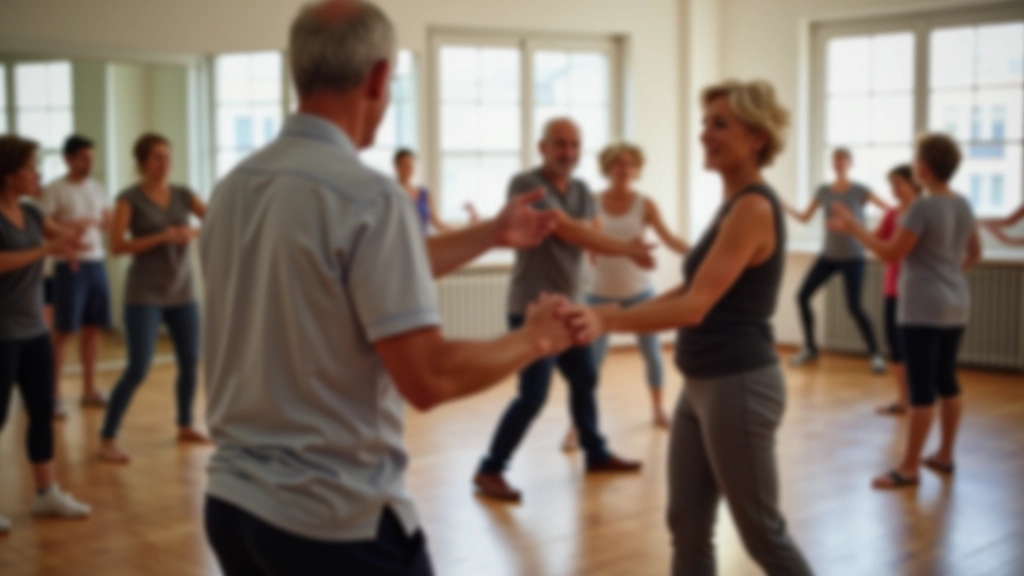 Small group of mature adults in a dance class, instructor demonstrating movement while students watch and listen attentively