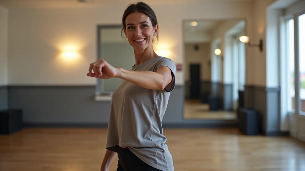 Professional dance instructor aged 40-50 demonstrating proper bachata frame and posture in a studio setting with mirrors