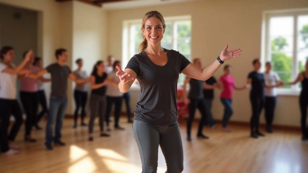 Dance instructor demonstrating salsa moves to a group of mature adults in a bright studio