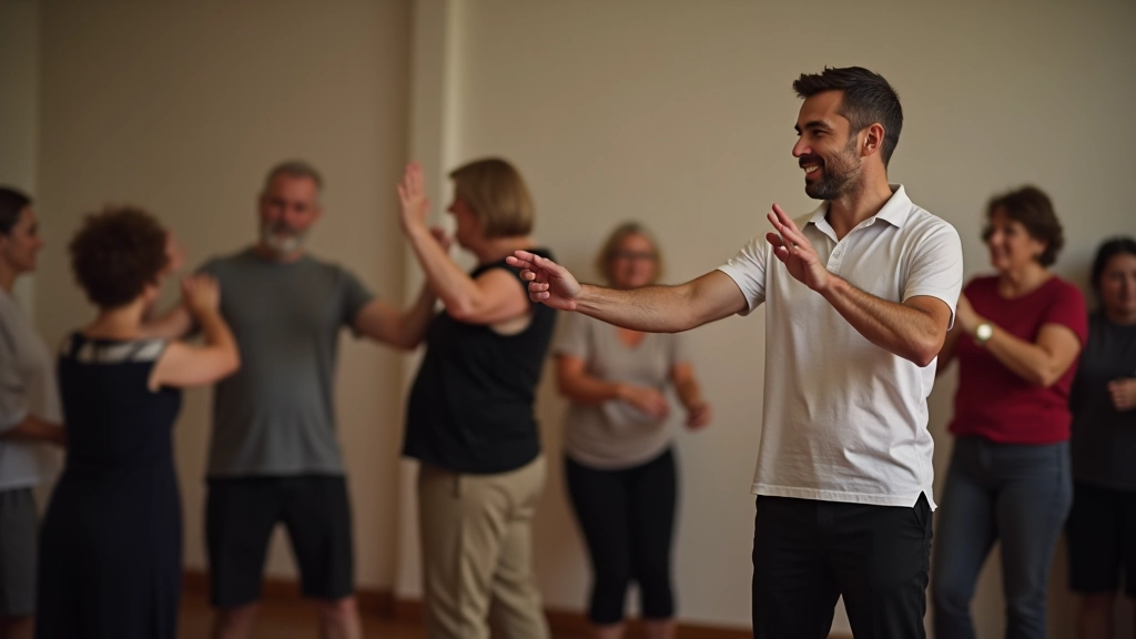 Instructor demonstrating salsa rhythm counting with hand gestures