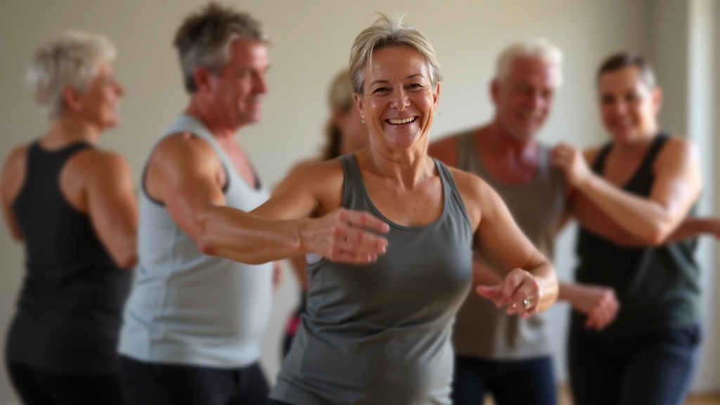 Active older adults doing dance movements in a fitness class setting, showing health and vitality