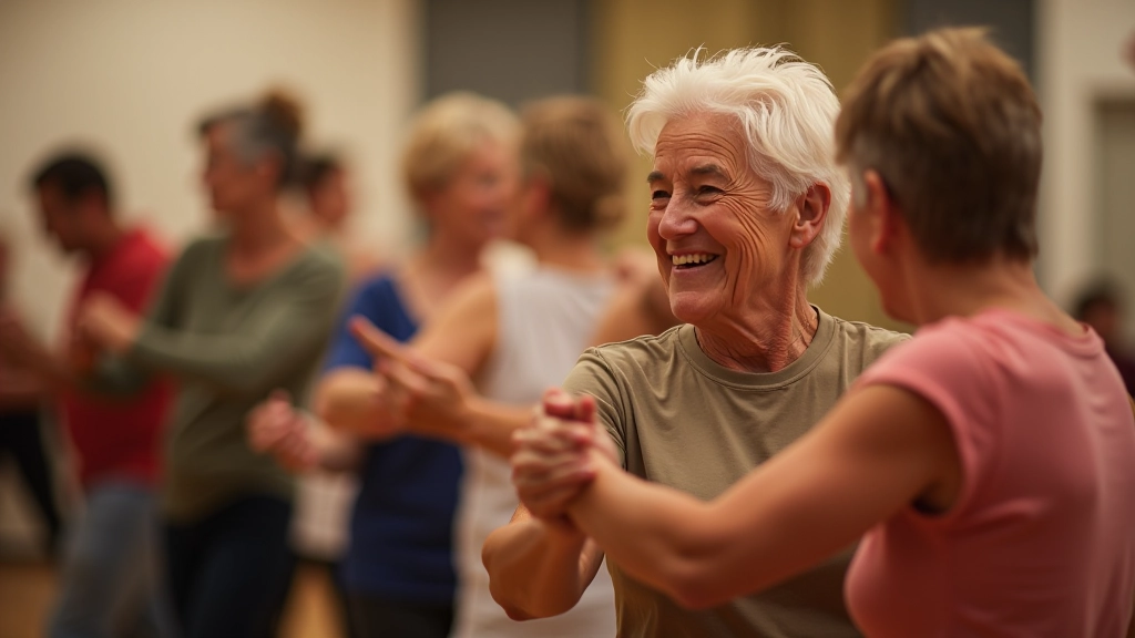Group of mature dancers smiling and connecting during partner dance practice