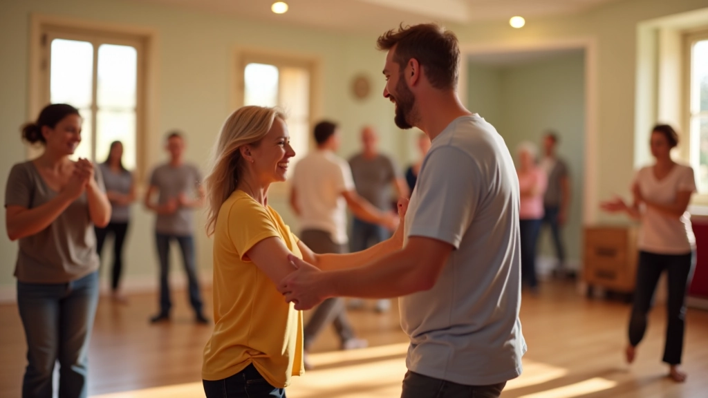 Mature adults dancing together in a bright studio