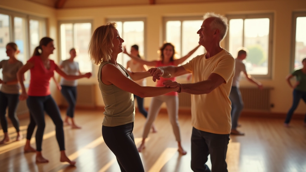 Mature adults enjoying social dance class in bright studio