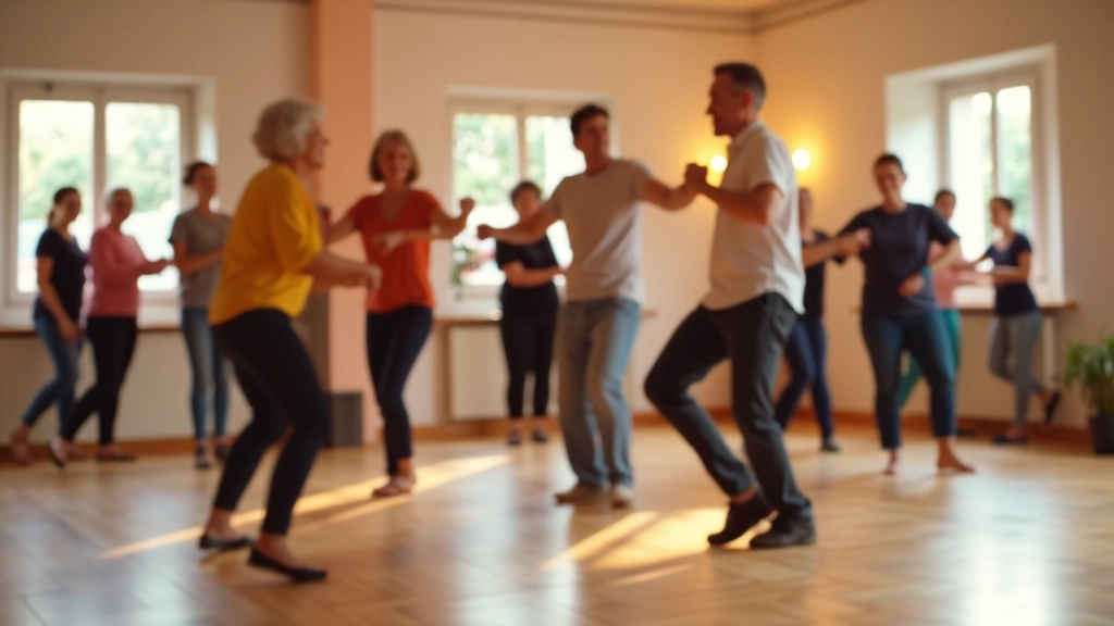 Mature adults learning bachata steps in a bright studio