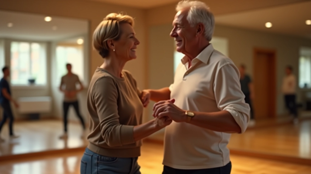 Mature couple dancing bachata together, showing basic steps and partnership